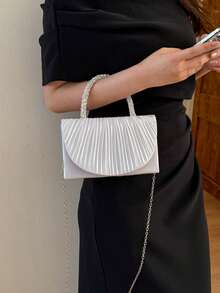 New Evening Party Small Square Bag With Structured Pleated Texture, Elegant Sophisticated Chain Strap Crossbody Handbag For Women, Formal Dress Party - White - View 6
