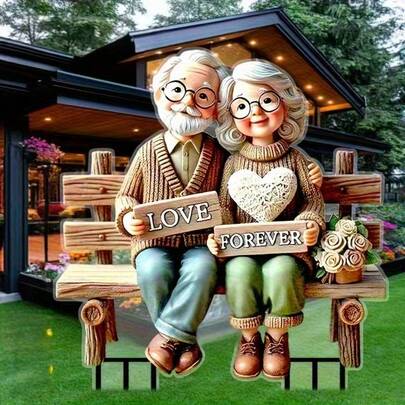 Creative Acrylic Garden Stake, Depicting A Romantic Couple Of Grandparents Sitting On A Bench, Valentine's Day Decoration