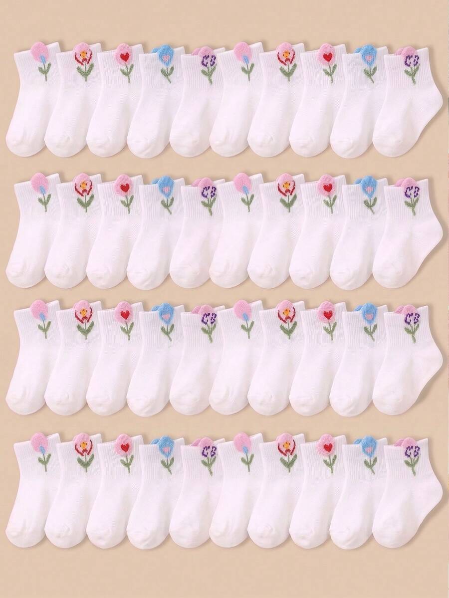 20/10/5/1 Pair Baby Bowknot Print Short Socks, 3D Tulip And Heart Design, Soft Comfortable Breathable Toddler Ribbed Socks, Fashionable Elastic Baby Girl Socks, White Mid-Calf Socks, Suitable For All Seasons, Perfect For Daily Wear And Gifting. 0-36 Months Newborn Toddler Socks, - Multicolor - View 1