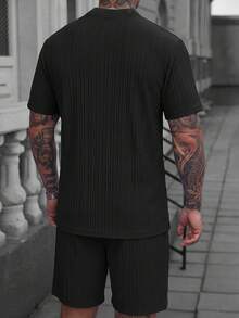 Men's Spring/Summer 3-Button Henley Short Sleeve Shirt And Drawstring Shorts Solid Color Jacquard Casual Vacation Regular Fit Set, Commute Casual Textured 2 Pieces Outfit - Black - View 4
