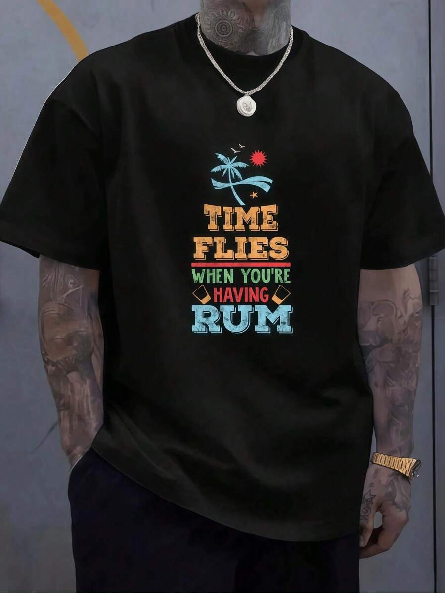 Unisex Plus Size Tropical Print Crew Neck Holiday All Season Tee Black Tshirt EV8F - 黑色 - 查看 1