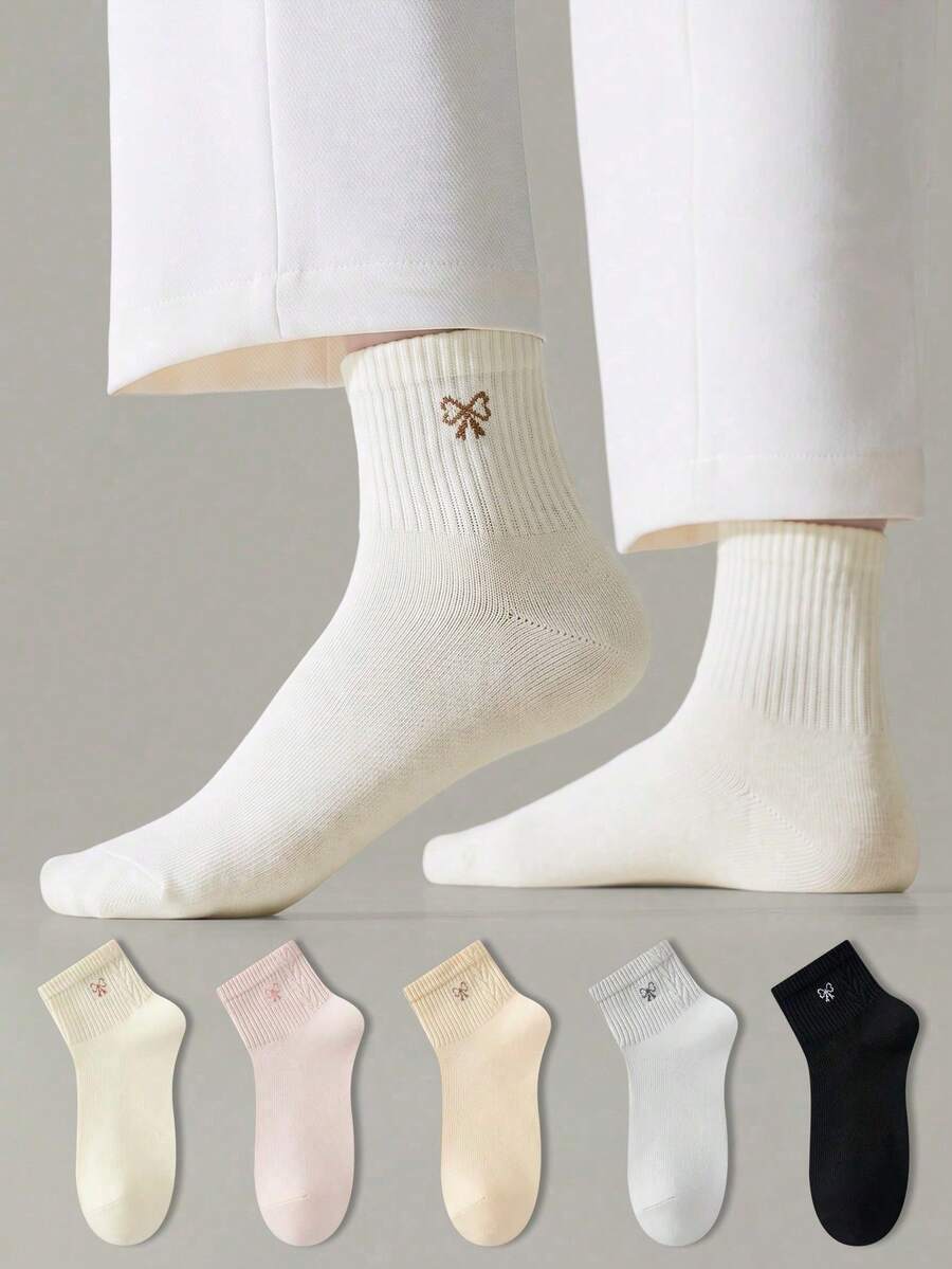 ZUJO 5 pares de calcetines de media pantorrilla para mujer, calcetines de tobillo con lazo, estilo deportivo casual, cómodos y versátiles, antideslizantes y transpirables - Multicolor - Ver 1