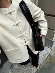 Women's Spring/Autumn/Winter Elegant Beige Chinese Style Frog Button Open Front Dropped Shoulder Long Sleeve Jacket, Commuter Fashion Regular Fit Overcoat - White - View 7