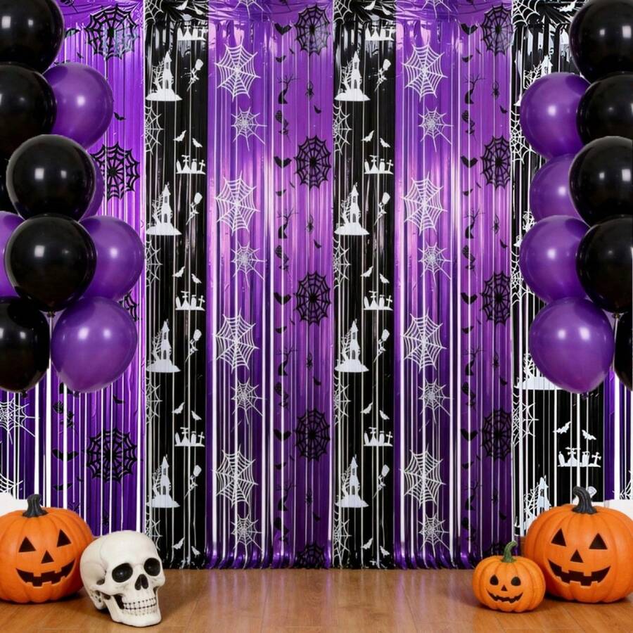 Halloween Backdrop Curtain Purple And Black Photo Background Hanging Decor - Multicolor - View 1
