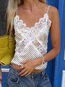 Sommer sexy Spitze Patchwork Satin Design Trägerhemd, lässig locker geschnittenes ärmelloses Top zum Überziehen in Weiß - Weiss - Übersicht 3