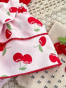 Conjunto de 2 piezas para niña bebé con estampado de cereza y corazón, vestido tipo Mono de capa doble con volantes, tirantes finos, acanalado rojo y patchwork de estampado de cereza + diadema con lazo a juego - Rosa Roja - Ver 7