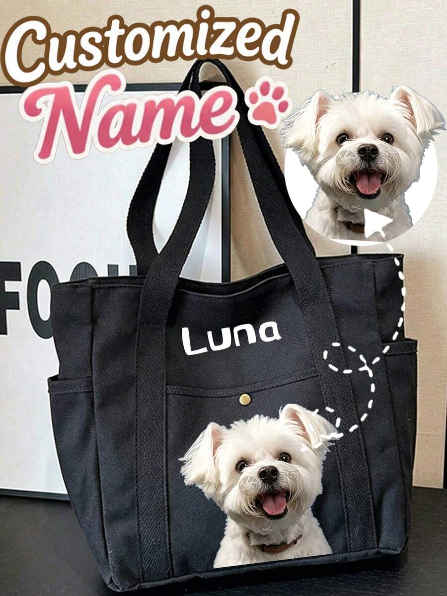 Personalized Pet Photo And Name Tote Bag, Large Capacity Shoulder Bag, Suitable For Work, Travel And School. Portable, Multi-Functional, Universal, Lightweight And Practical. Suitable For Anniversary, Holiday/Vacation And Other Occasions. Versatile, Cute, Simple And Interesting. Perfect Birthday, Anniversary And Valentine's Day Gift For Pet Lovers. - Multicolor - View 1