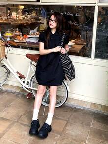 Peter Pan Collar Ruffle Petal Sleeve Preppy Doll Blouse Black Summer - Black - View 4