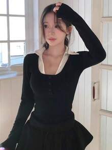Colorblock Patchwork Faux Two-Piece Long Sleeve T-Shirt - Black - View 2