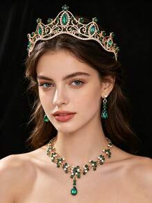 4pcs/Set Women Bridal Accessories Rhinestone Crown + Necklace + Earrings 4-Piece Wedding Jewelry Set For Wedding Dress, Also Suitable For Gold Ball, Wedding Party, Gathering - Crown + Necklace - View 8
