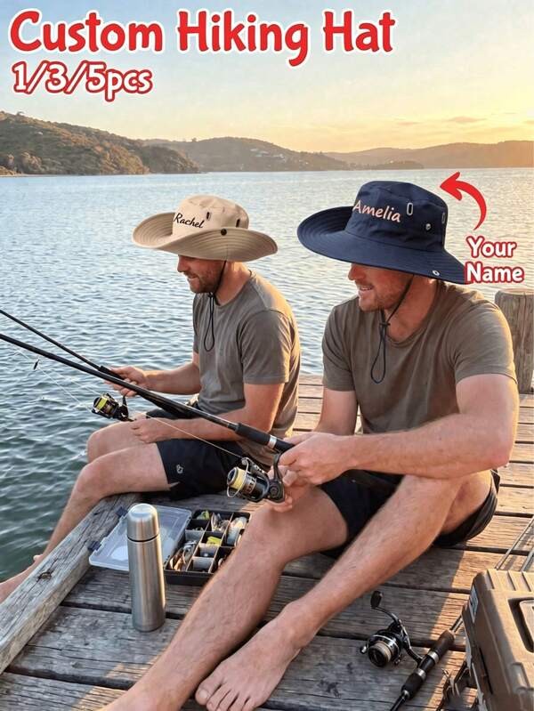 1/3/5pcs Custom Embroidered Hiking Hat, Personalized Wide Brim Sun Protection Bucket Hat, For Hiking, Fishing, Gift For Friends Family Couple Him Her, Christmas, Birthday, Outdoor Adventure Party Favors, Durable Lightweight Sweat Resistant