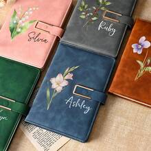 Christmas Season Gift, Customized Floral Button Notebook Set, Faux Leather Diary, Embossed Floral Pattern, Gold Button, Customizable Name, Includes Pen And Gift Box, Bullet Journal Stationery Gift, Graduation Gift - Multicolor - View 4