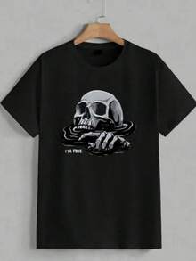 Unisex Goth Skull Sarcasm Print Crew Neck Unisex Casual Street Tee Black Tshirt PWED - 黑色 - 查看 1