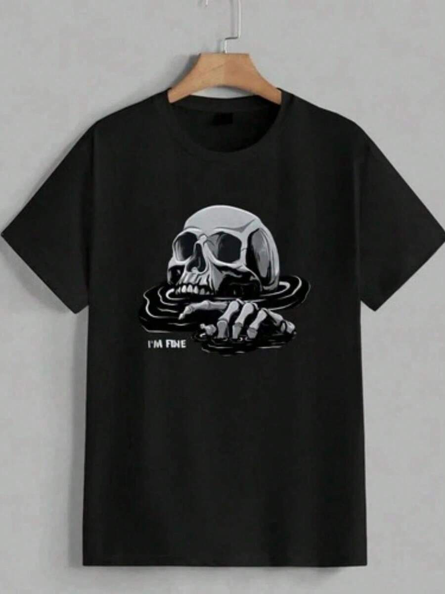 Unisex Goth Skull Sarcasm Print Crew Neck Unisex Casual Street Tee Black Tshirt PWED - 黑色 - 查看 1