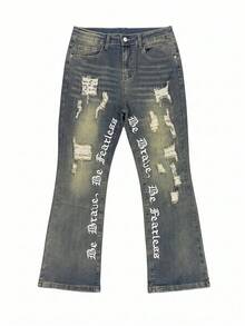 刺繡牛仔褲、喇叭牛仔褲、刺繡字母文字男款牛仔褲、喇叭褲、寬腳褲、男款緊身褲、男款修身褲、破舊喇叭褲、拼接喇叭褲、水洗牛仔褲、Y2K 堆疊褲、差異水洗拼接刺繡，適合四季穿著 - 水鴨藍 - 查看 4
