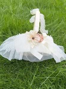 1 pieza Cesta de niña de las flores de satén color marfil, cesta de mano para boda con lazo floral de encaje, tul y perlas falsas para ceremonia, esparcir pétalos y decoración de fiesta - Ver 3
