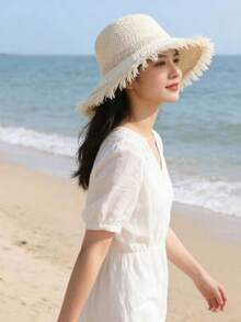 1pc Women's Straw Hat, Spring/Summer Beach Seaside Travel Sun Protection Vacation Wide Brim Sun Hat, Bohemian Style - Beige - View 2