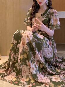女款新款優雅浪漫花卉修身喇叭裙 夏季度假 - 軍綠色 - 查看 6