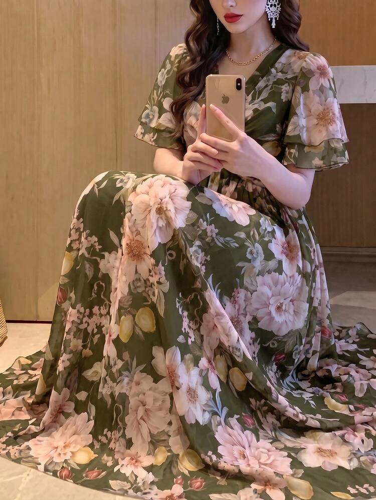 Women's New Elegant Romantic Floral Slimming Flared Dress Summer Vacation - Army Green - View 6