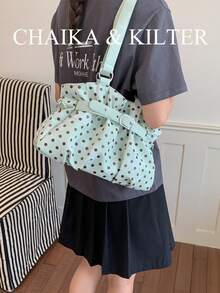 CHAIKA & KILTER 1件裝拼色PU布料托特包，女款時尚肩背托特包，滿版圓點圖案，雙手把設計，拉鍊開合，飾帶裝飾，適合日常與街頭使用 - 綠色 - 查看 8