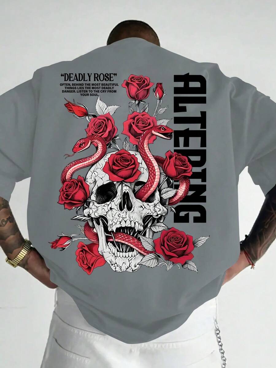 Camiseta Masculina Caveira e serpente de rosa vermelha Casual Esportiva Streetwear Y2K com Estampa de Elementos de Caveira, Rosa e Cobra, da Moda, de Manga Curta - Cinza - Visão 1