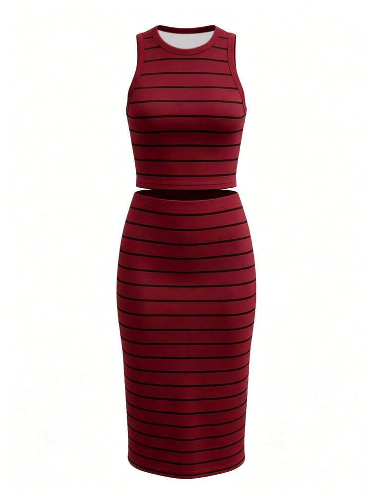 UREREM Women's Striped Contrast Color Casual Elegant Party Ribbed Slit Beach Tank Top & Skirt 2-Piece Set Summer, Vacationcore Red - Red - View 3