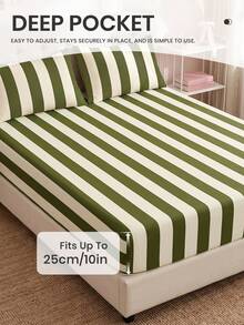 1PC Stripe Pattern Fitted Sheet Only, Mattress Protector, Bed Cover, Bed Sheet, Wrinkle Free, Breathable And Comforter, For All Size Bed, For School Bedding Dorm, Bedroom Decor, Bedding, (Pillow And Pillowcase Not Included) Machine Washable - Multicolor - View 4