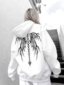 Women's White Long Sleeve Knitted Hooded Pullover, Unique Graphic Print On Back, Casual Regular Fit Drawstring Sweatshirt, Suitable For Streetwear Style - White - View 1