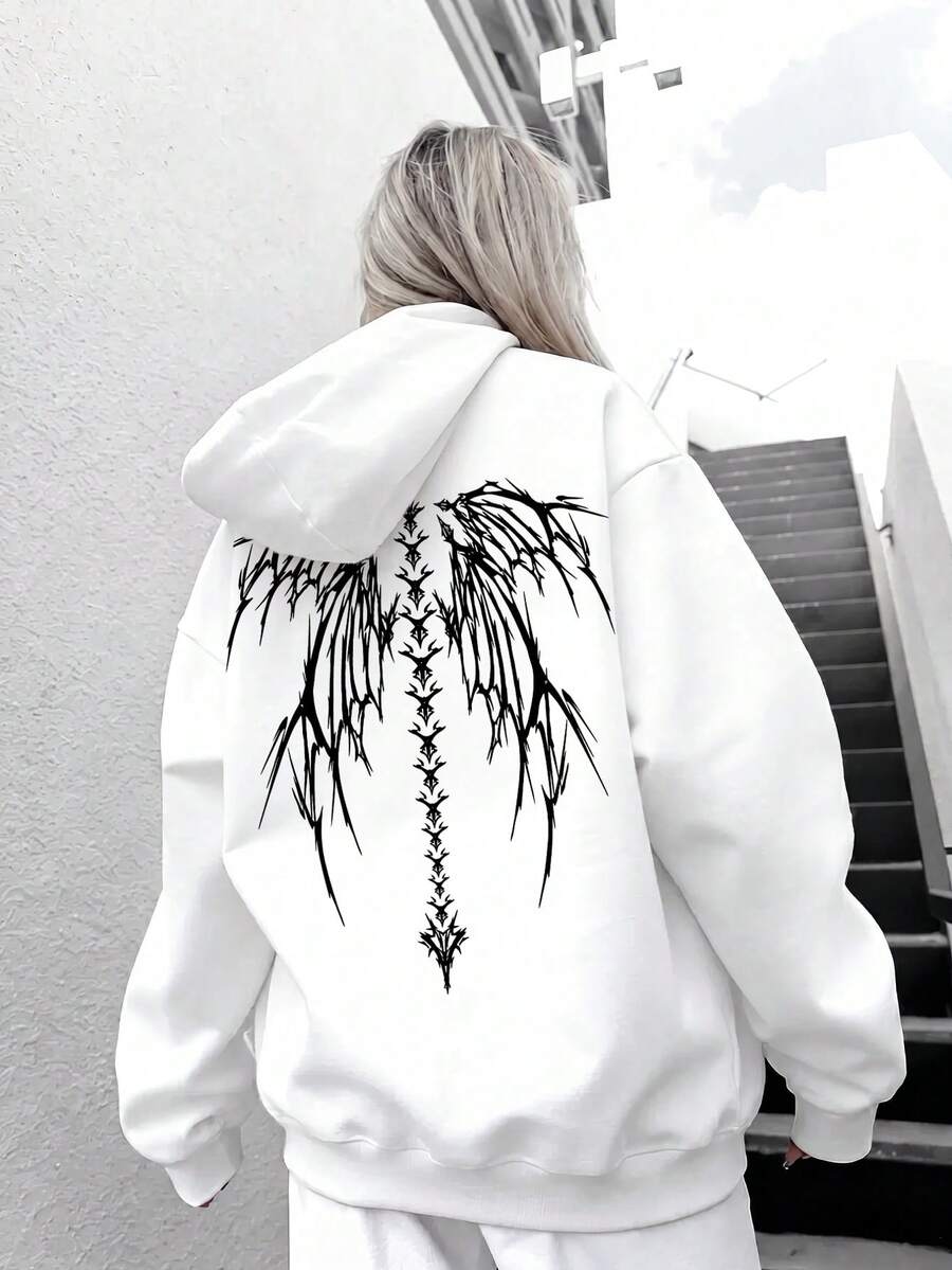 Women's White Long Sleeve Knitted Hooded Pullover, Unique Graphic Print On Back, Casual Regular Fit Drawstring Sweatshirt, Suitable For Streetwear Style - White - View 1