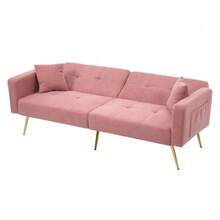 Sofa Bed With Adjustable Angle, Gold Legs, Cushions And Side Storage Pockets. - Pink - View 7