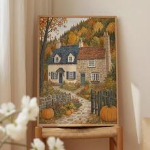 1pc Cozy Fall Wall Art Canvas Poster Prints Autumn Pumpkin Painting Cottage Artwork Picture Giclee Print Modern Farmhouse Kitchen Village Landscape Decoration Thanksgiving Aesthetic Gifts Unframed/Framed/Wooden Hanging - Autumn - View 1
