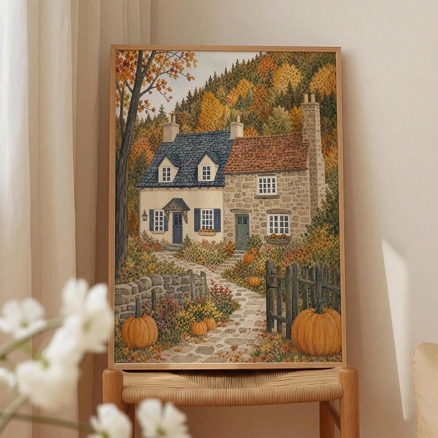 1pc Cozy Fall Wall Art Canvas Poster Prints Autumn Pumpkin Painting Cottage Artwork Picture Giclee Print Modern Farmhouse Kitchen Village Landscape Decoration Thanksgiving Aesthetic Gifts Unframed/Framed/Wooden Hanging - Autumn - View 1