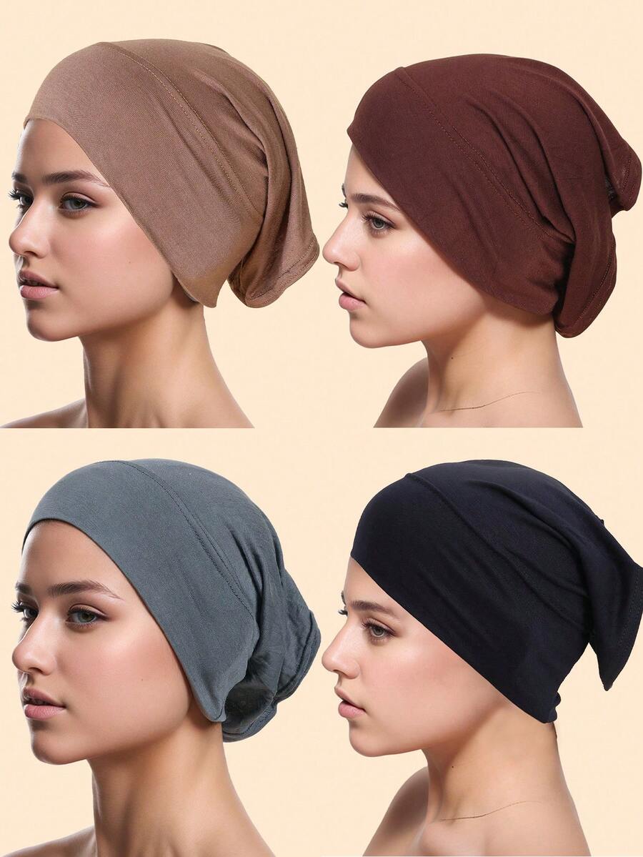 Women's Mercerized Cotton Beanie Hat, Suitable For Daily Wear - Navy Blue + Dark Gray + Burgundy + Dark Khaki - View 1
