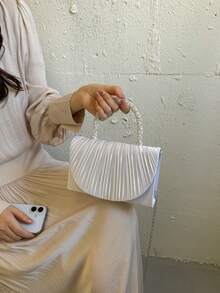 New Evening Party Small Square Bag With Structured Pleated Texture, Elegant Sophisticated Chain Strap Crossbody Handbag For Women, Formal Dress Party - White - View 7