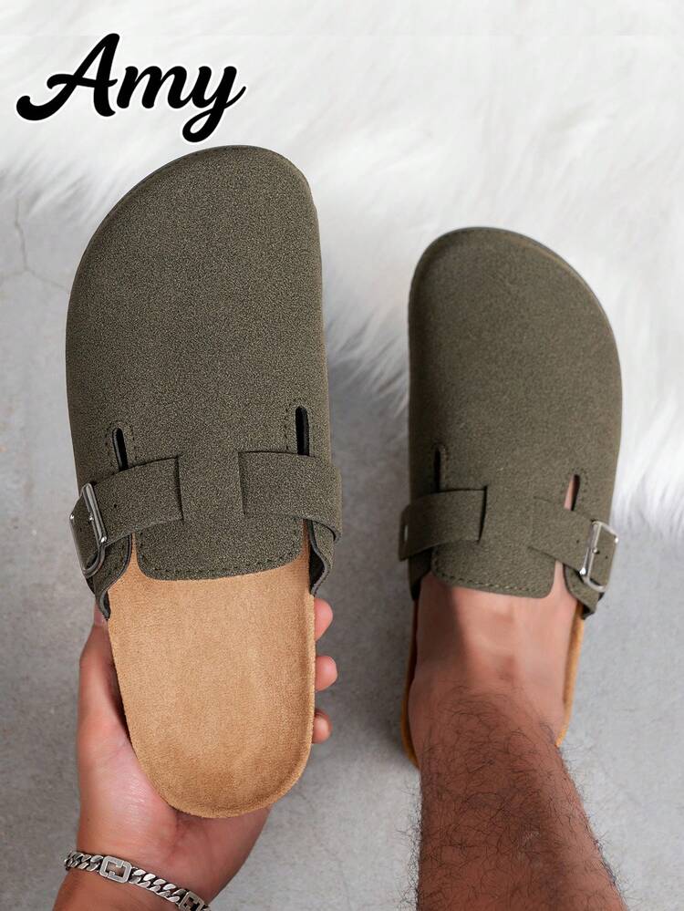 Men's Casual Retro Slouchy Mule Slip-On Shoes With Adjustable Buckle, Available In Thermal Lined Autumn/Winter And Non-Fleece All-Season Styles - Army Green - View 1