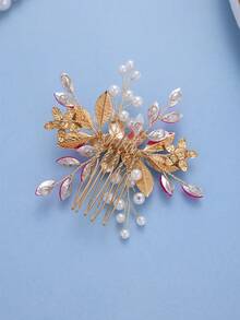 1pc Women's Purple Rhinestone Faux Pearl Hair Comb, Elegant Floral Design Bridal Hair Accessory, Suitable For Wedding, Prom And Party Occasions - Hot Pink - View 5