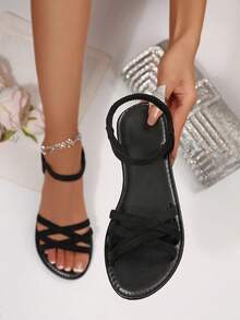 Nouvelles sandales plates d'été pour femmes de style européen & américain avec bout ouvert, brides croisées, strass en verre, bande élastique à enfiler, sandales de plage - Noir - Voir 2