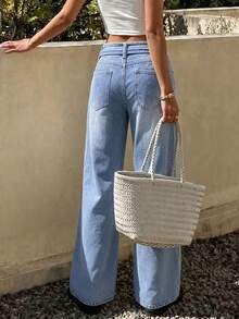 GILIPUR Women's High Waist Belt Decor Light Wash Wide Leg Denim Jeans, Casual Loose Fit Long Pants Fall - Blue - View 5