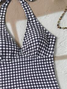 Women's Elegant Plaid Halter Top & Shorts Bikini Set, Tie-Back Detail, High Elasticity Swimwear - Black and White - View 4