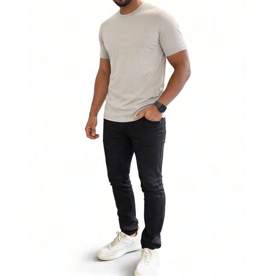 Premium Basic T-Shirts Made Of Peruvian Fabric With Smooth Elastane, Slim Fit And Traditional Design. - 淺灰色 - 查看 1