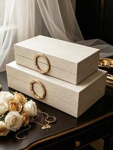 1 Set Water Ripple Embossed PU Jewelry Box With Lid, Large Capacity Jewelry Organizer, Zinc Alloy Decorative Lid, Soft Touch Home Jewelry Storage Box, Modern Home Jewelry Organizer, Luxury Gift Jewelry Box - White - View 8