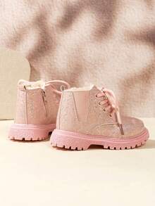 1 Pair Kids' Glossy Iridescent Ankle Boots With Side Zipper Dual Design, Dirt-Resistant Versatile Winter Boots For Kindergarten - Pink - View 4
