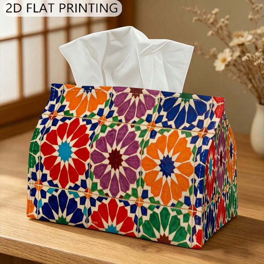 1 pieza Caja de pañuelos con estampado plano 2D, patrón geométrico de azulejos marroquíes, caja de almacenamiento de pañuelos, caja de pañuelos rectangular, adecuada para almacenamiento de pañuelos de alta gama, funda de caja de pañuelos para coche, decoración del hogar - Multicolor - Ver 1