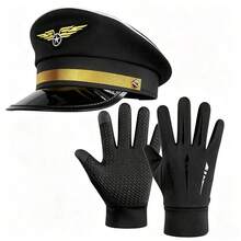 2件組：男士水手帽與女士軍風帽，金色裝飾，萬聖節服裝配件，藍色帽子附刺繡翅膀與星星 - 彩色 - 查看 1
