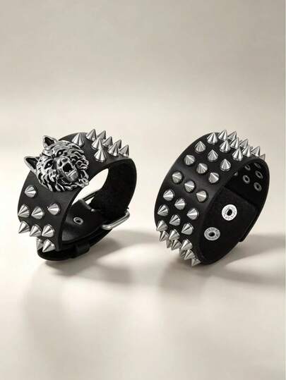 2pcs Rock Punk Style Bracelet Set, Suitable For Men's Punk Style Wear, Exquisite Bracelet Set Gift For Men