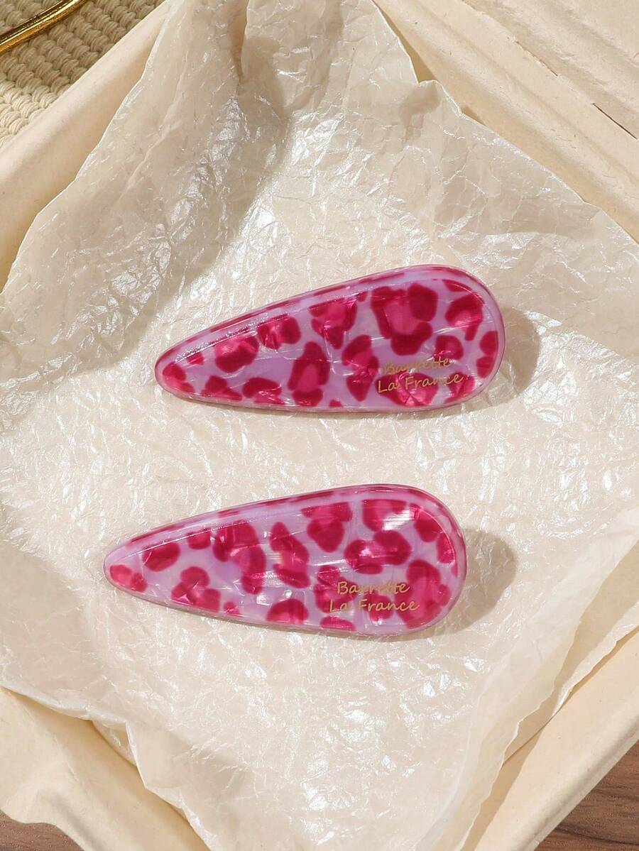 2pcs Korean Dongdaemun New Style Pink Leopard Print Acetate Fiber Water Drop Duck Bill Hair Clips For Women's Bangs - Multicolor - View 1