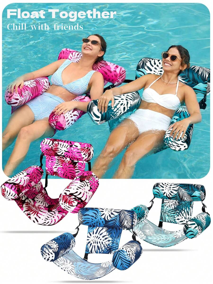 Tropical Leaf Print Inflatable Pool Hammock Chair, Mesh Floating Water Lounge With Headrest, Comfortable Adult Pool Float, Suitable For Summer Beach And Lake - A - View 1