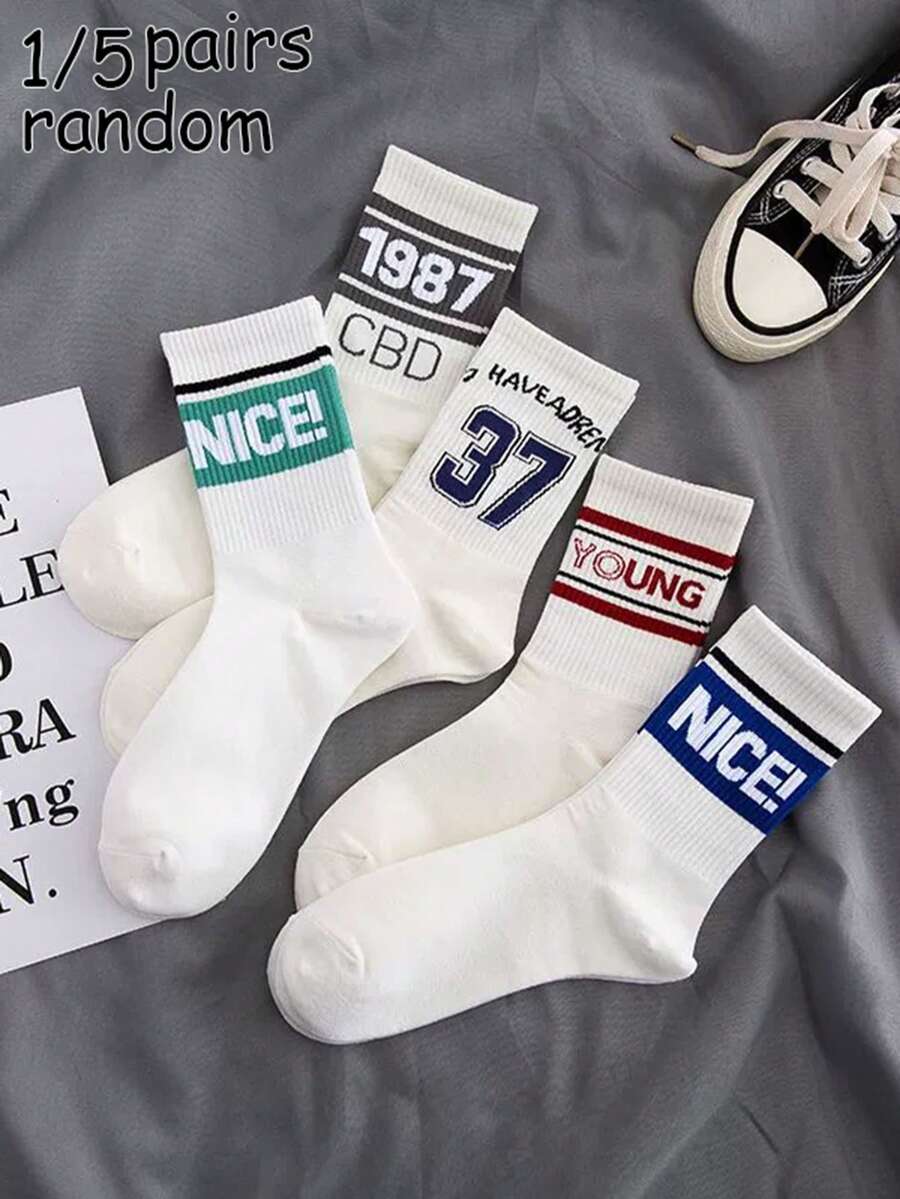 1/5 pares de calcetines de media caña para hombre con base blanca, rayas de colores y lema, unisex, estilo casual versátil para uso diario, ropa de calle transpirable, estilo preppy suave y amigable con la piel, ropa de calle de moda seca, adecuado para deportes de vuelta a la escuela, uso diario en la oficina, atuendos deportivos al aire libre - Blanco - Ver 1