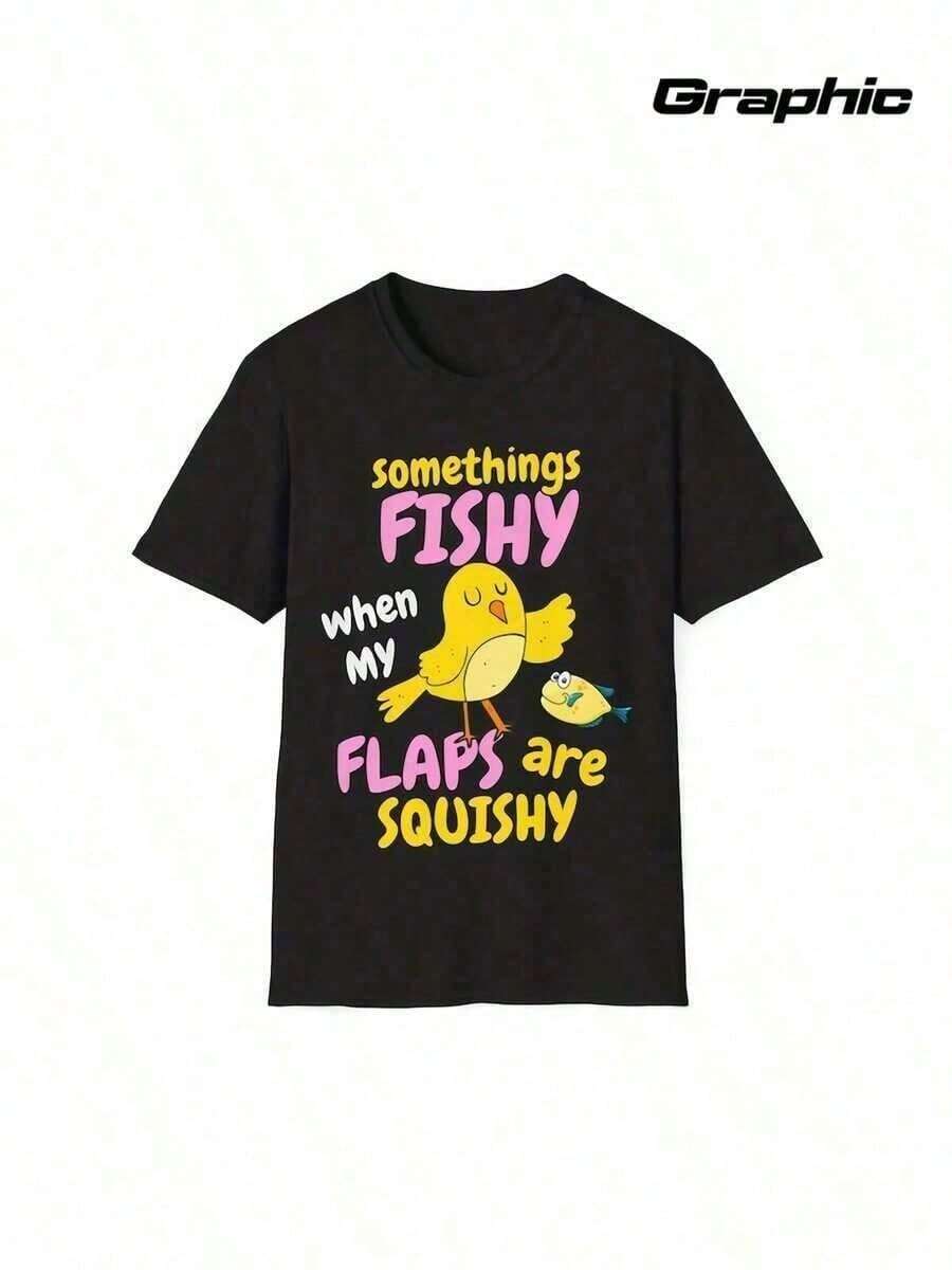 Unisex Fish Slogan Graphic Tee, Fun For Travel & Partieszomer Tops Dames Off The Shoulder Tops - Black - View 1