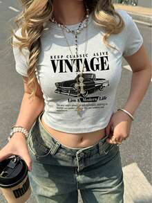 汽車「Keep Classic Alive」圖案短版 T-shirt，90年代美學印花修身休閒短袖夏季上衣 - 灰色 - 查看 5